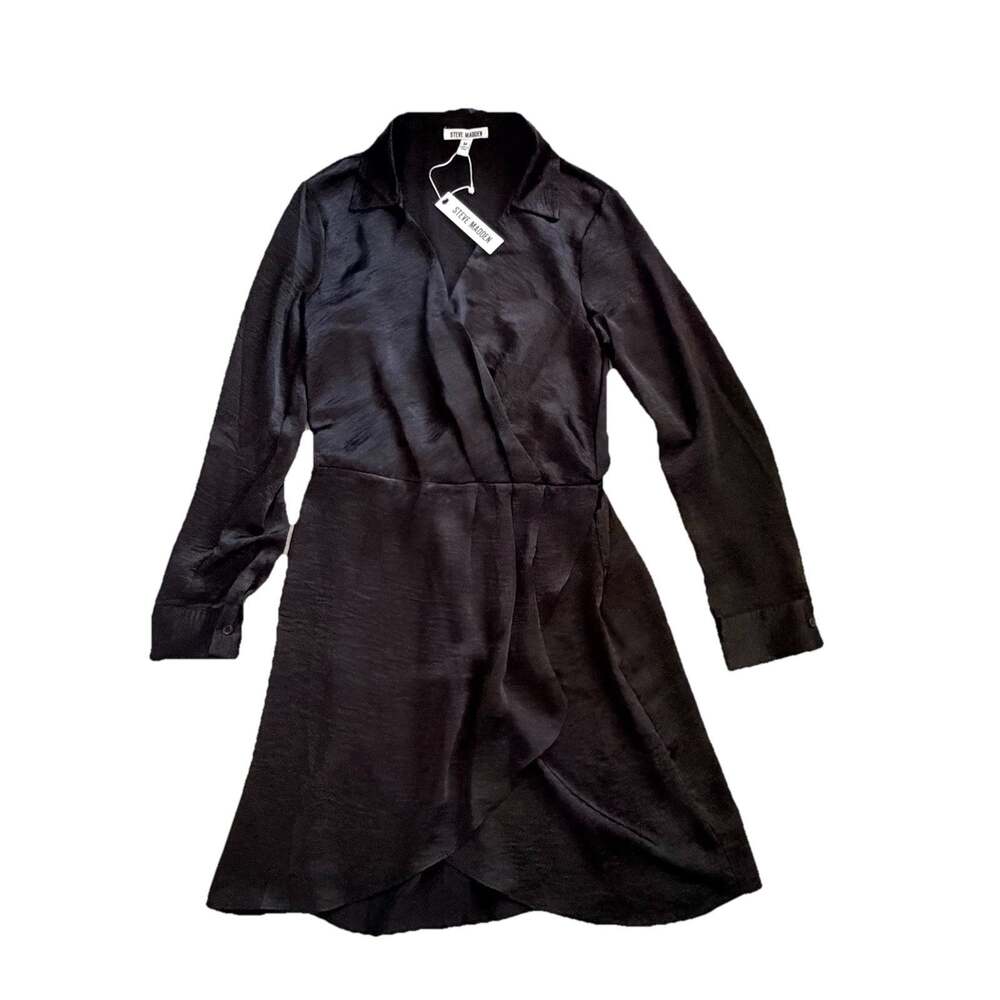 New Steve Madden V-Neck Black Washed Satin Faux Wrap Dress M NWT Classic
